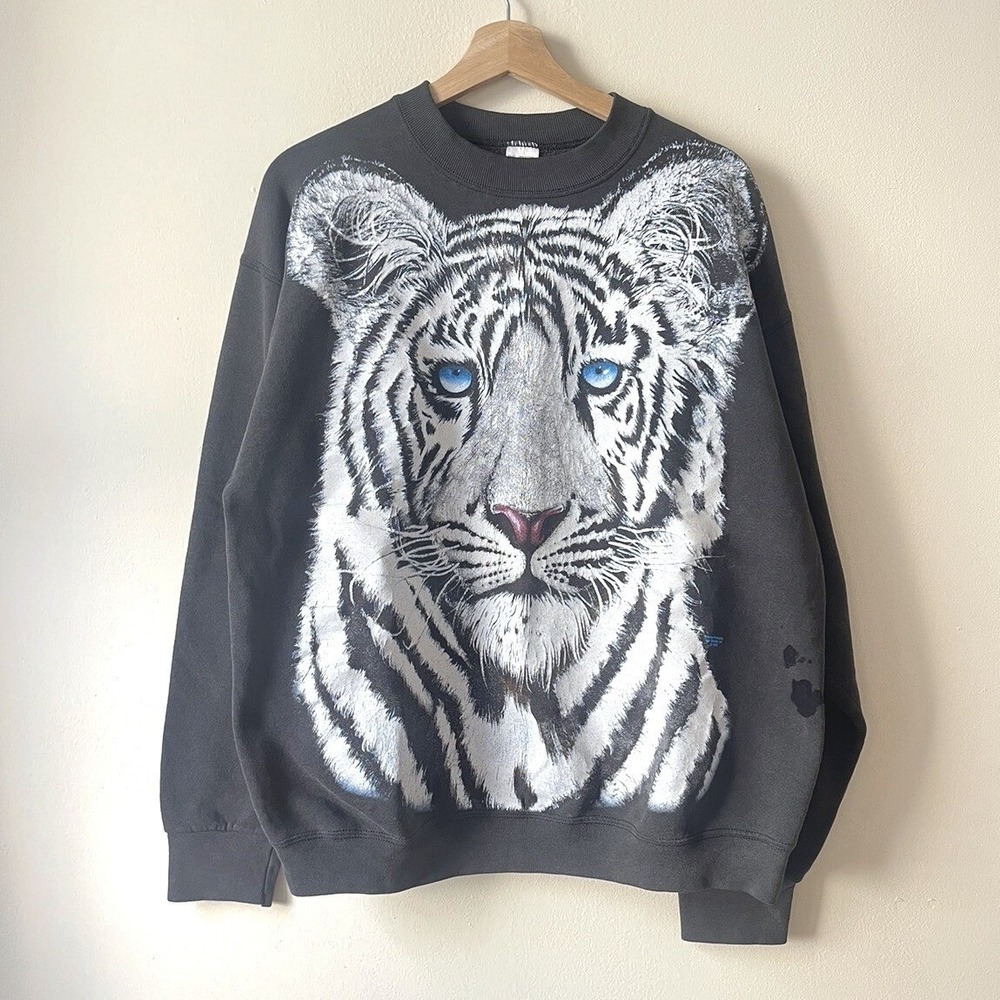 Vintage 90's White Tiger AOP Art Animal Liquid Blue Sweatshirt - XL
